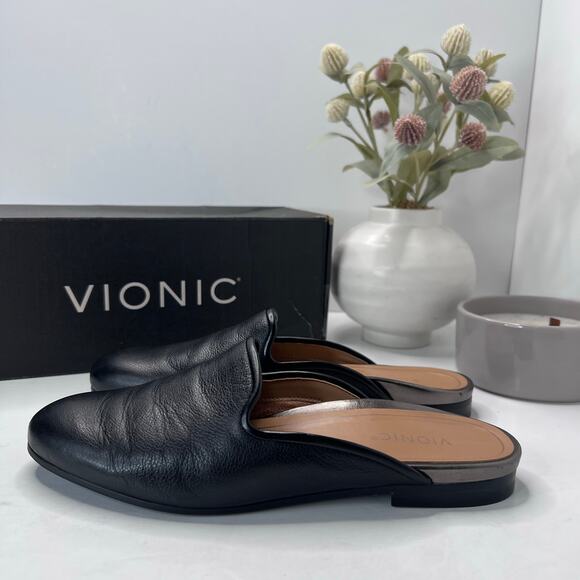 Vionic Willa Slip-on Leather Slip On Mule Black Women 7 M Comfort Shoe